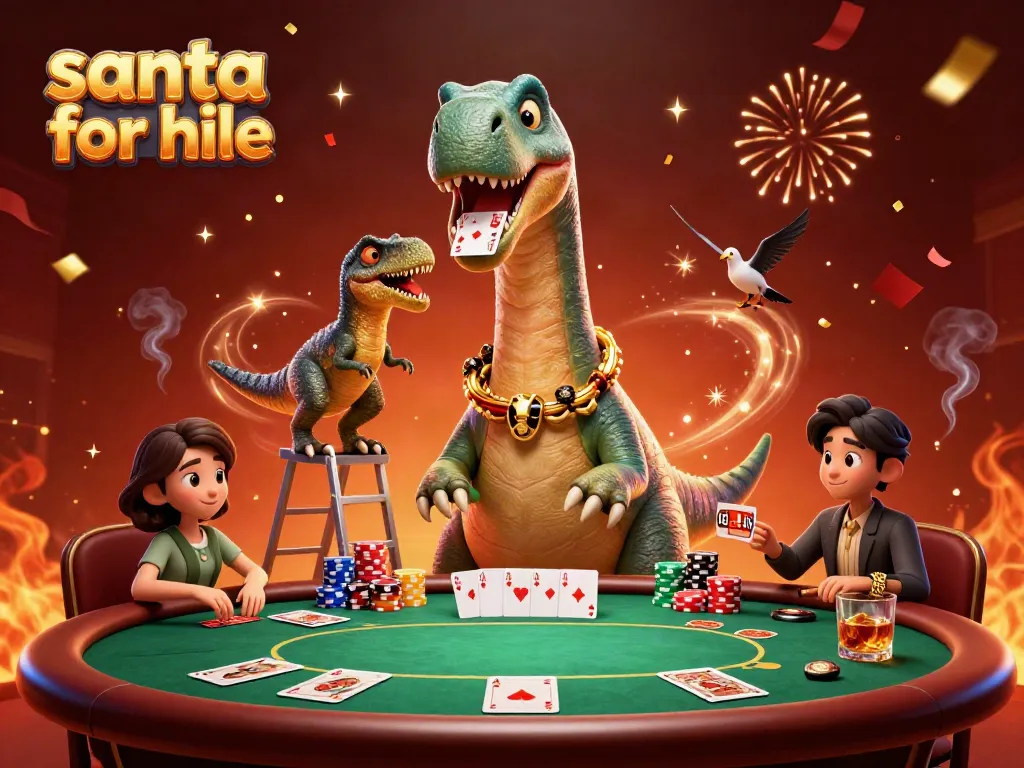 Engage with Santa for Hire at a vibrant casino poker table with festive characters.