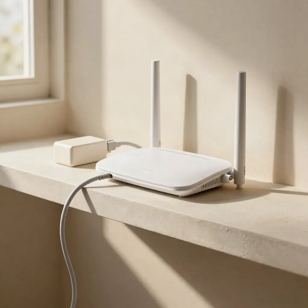 Wi‑Fi router, Ethernet cable and power brick on a plaster shelf in warm sunlight.