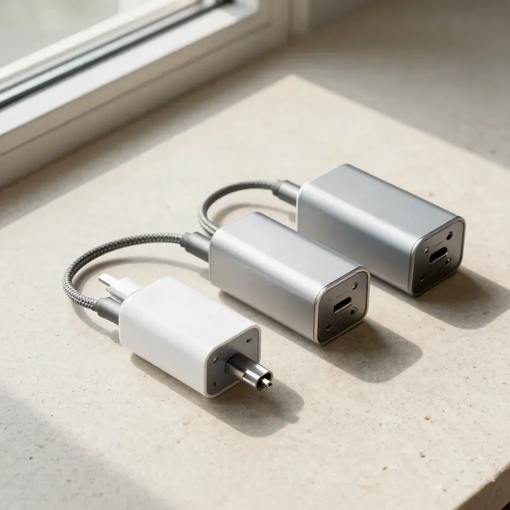 Top-down chargers and cable on pale stone, arranged in a diagonal compare grid.