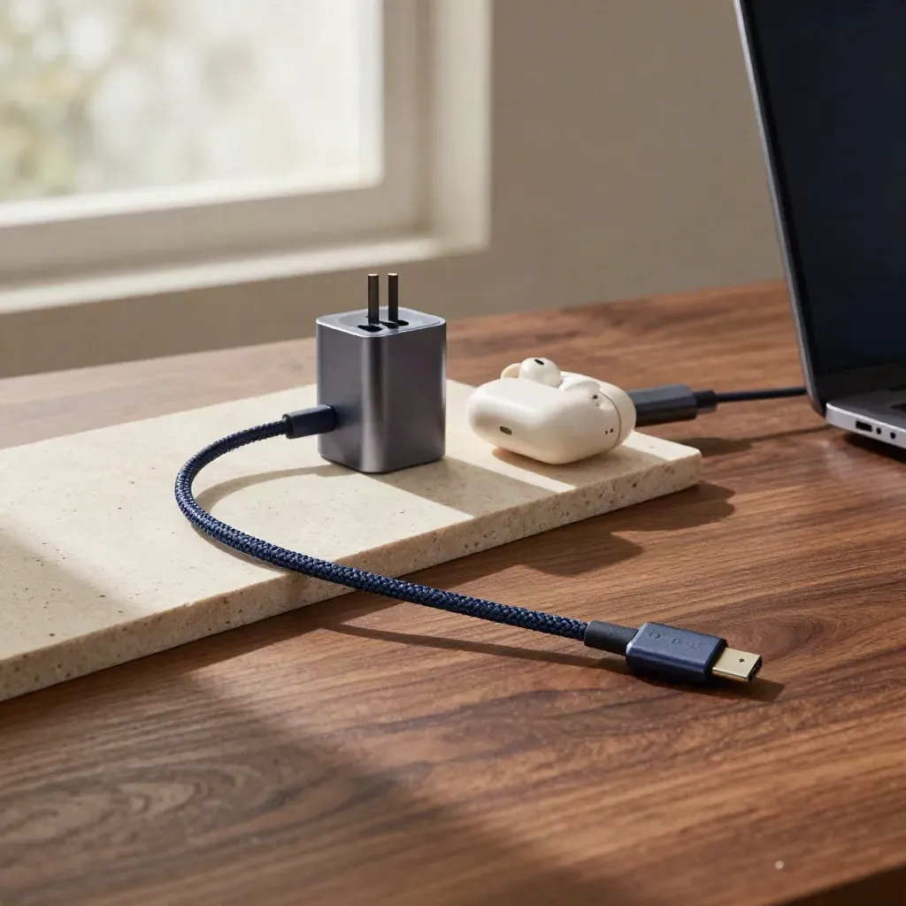 Braided USB-C cable, charger, earbuds case, dock and laptop corner on wood and stone in rain light.