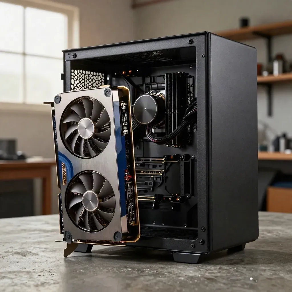 Open PC case with graphics card staged for clearance check beside fans and power leads.