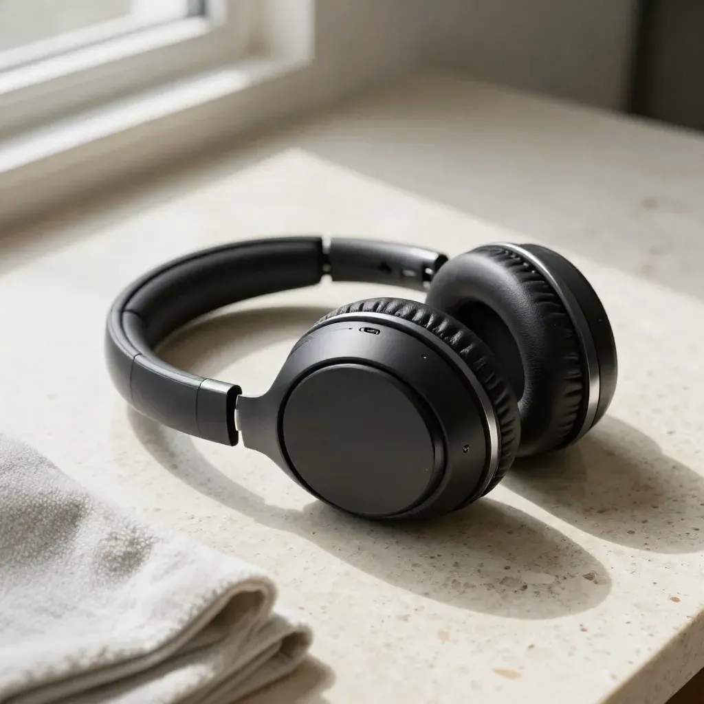 Sony headphones beside case and cable on travertine with soft cloth, lit by window light.
