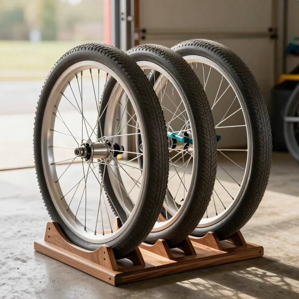 Bike tires, rims, and coiled tube on a garage stand in soft morning light