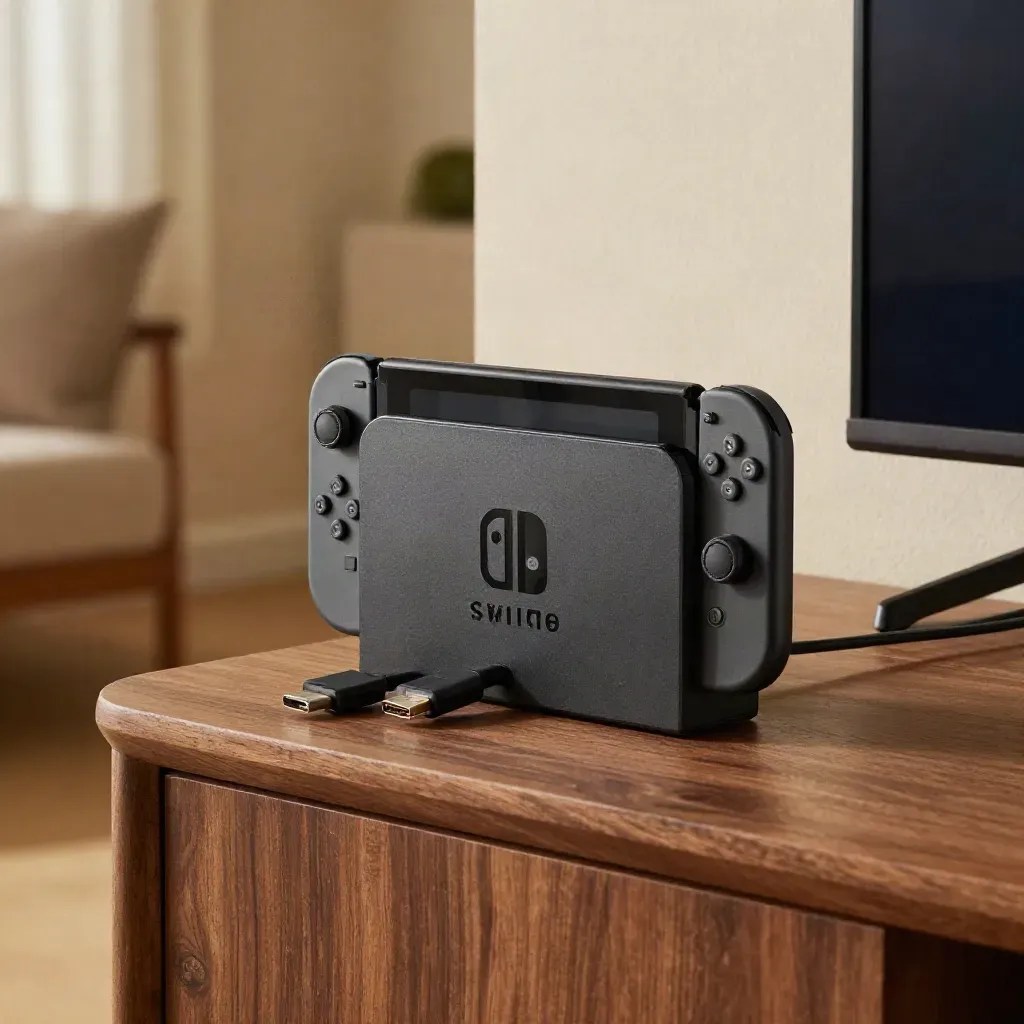 Nintendo Switch dock half-seated with HDMI and USB-C leads on a warm walnut media shelf.