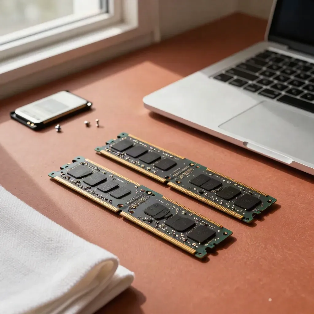 Two RAM sticks beside an open laptop chassis and SSD on a terracotta bench.