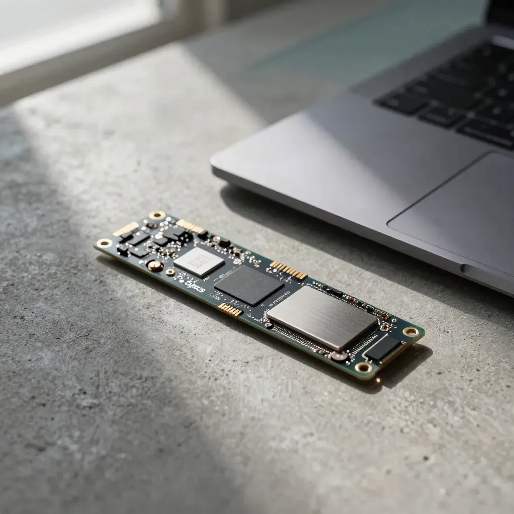 M.2 SSD beside an open laptop underside and heat sink on concrete, lit with moody haze