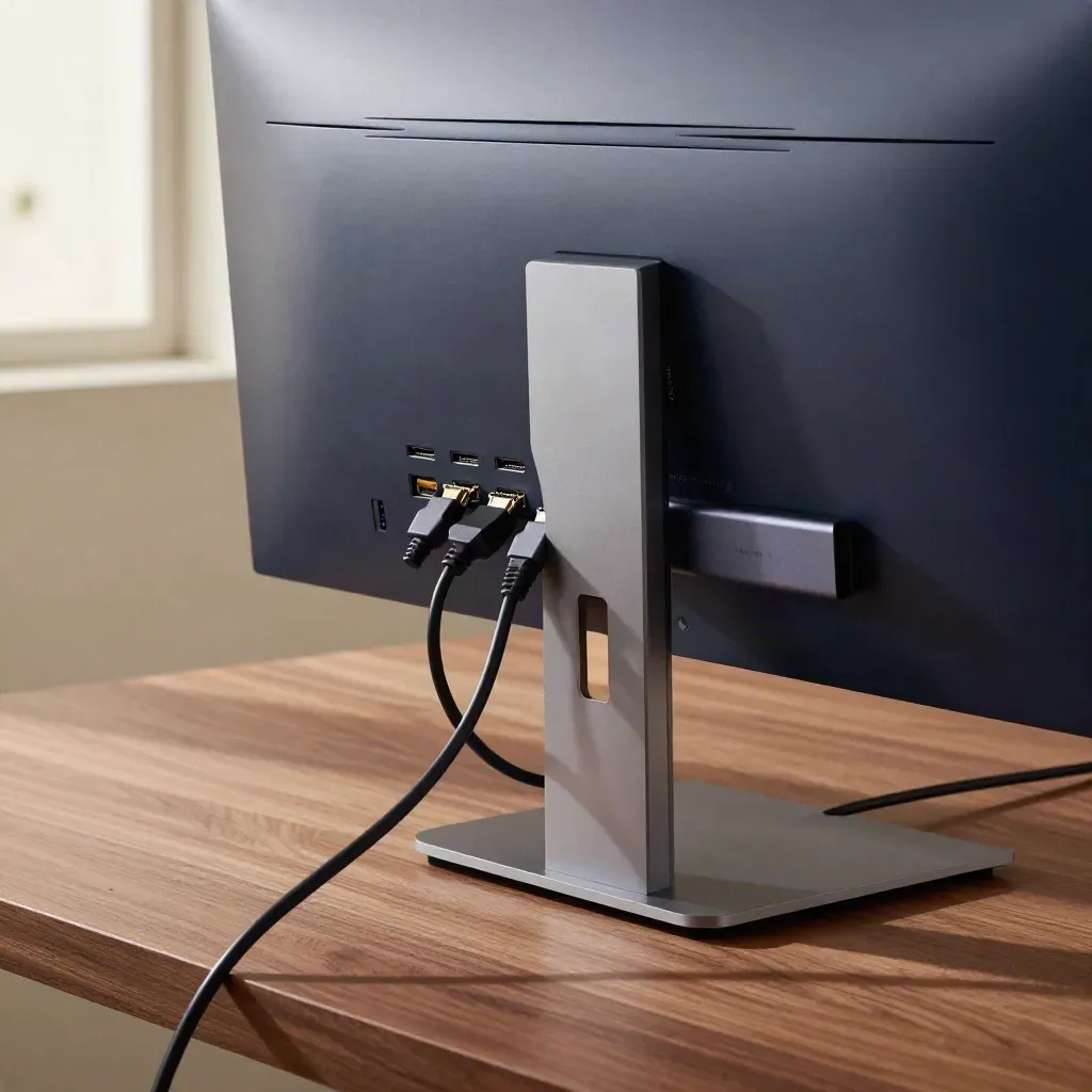Rear monitor ports with HDMI, DisplayPort and USB-C cables on a walnut desk