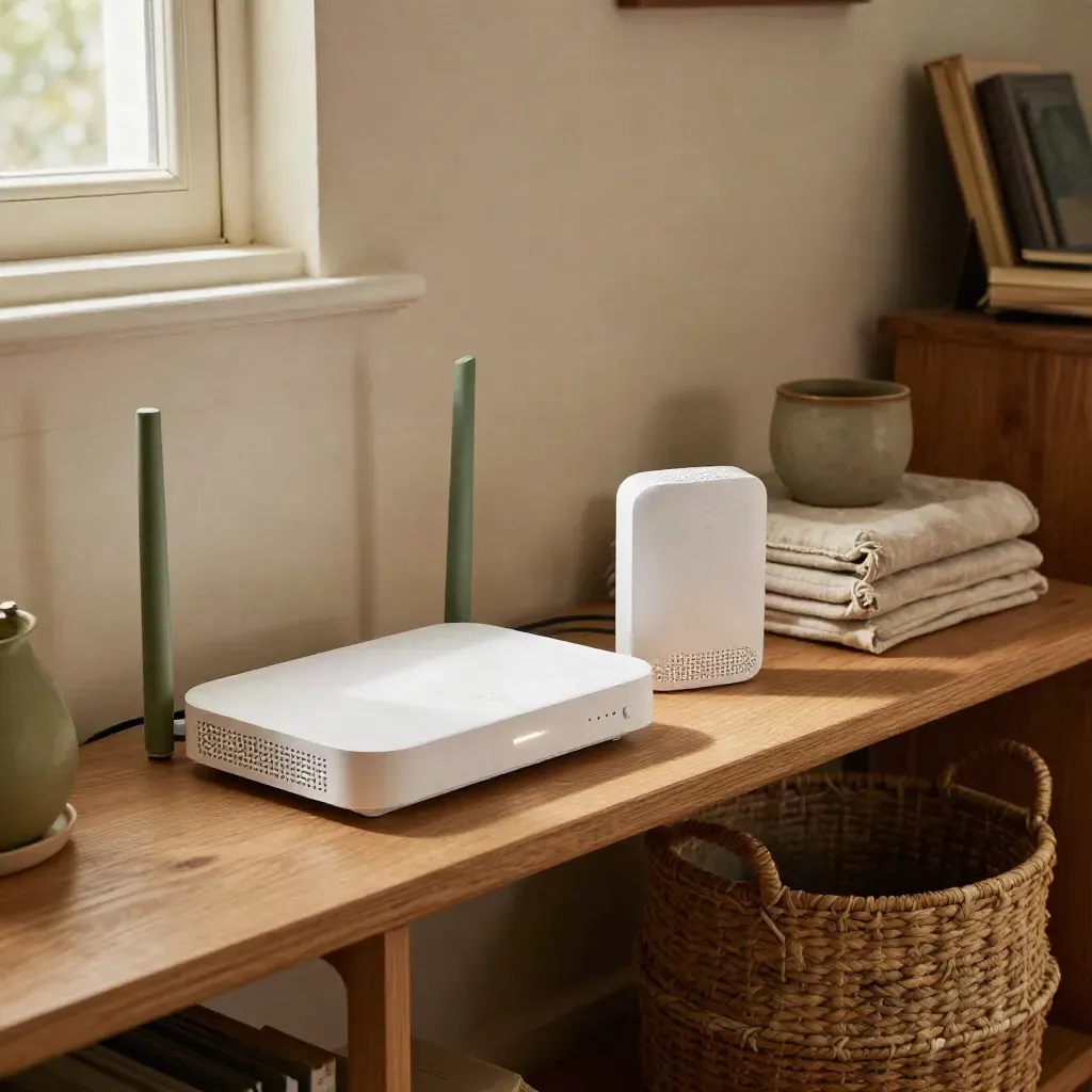 Mesh routers and access point on a sunlit shelf beside a woven basket.