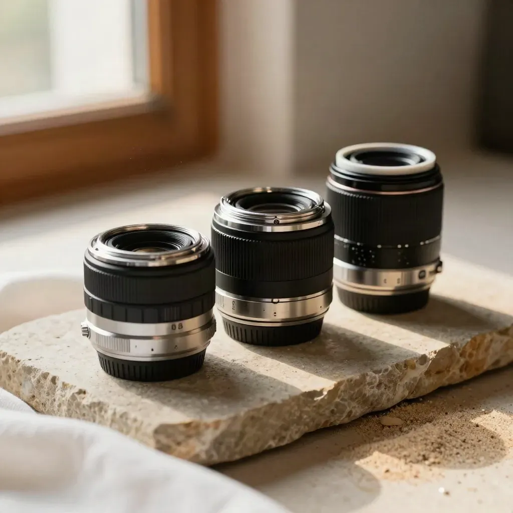 Camera lens mounts and adapter lined up on warm stone in soft window light.