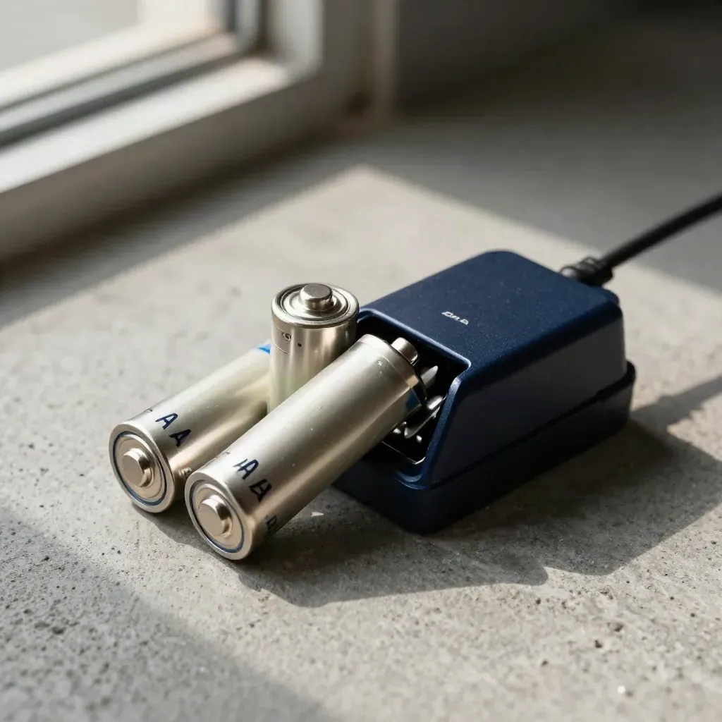 Battery cells and a charger cradle scattered diagonally on concrete in cool garage light.