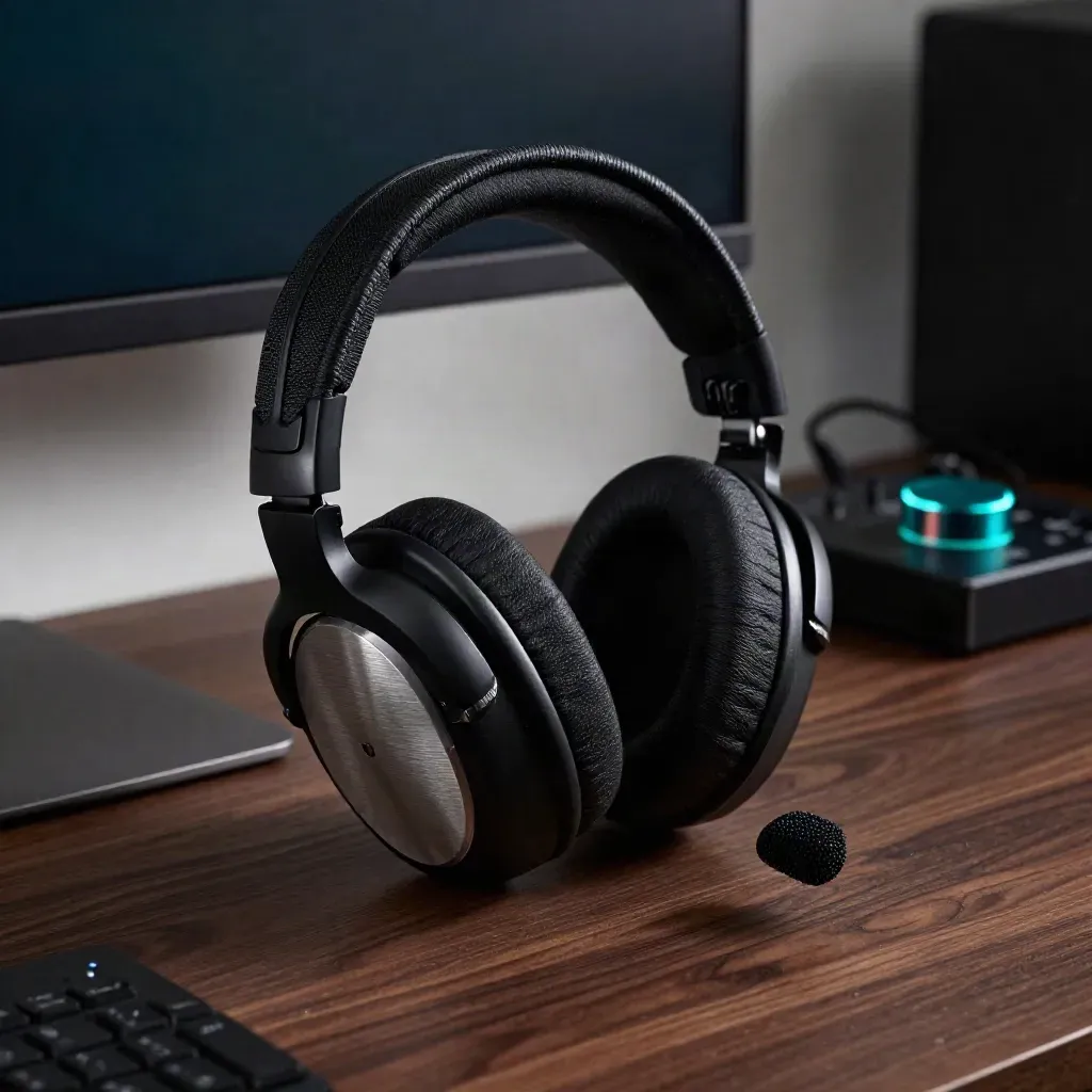 Gaming headset with boom mic beside a monitor edge and audio interface in moody teal-lit haze.
