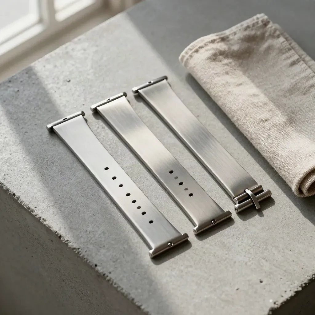 Top-down watch case with three straps fanned on concrete beside a folded linen cloth.