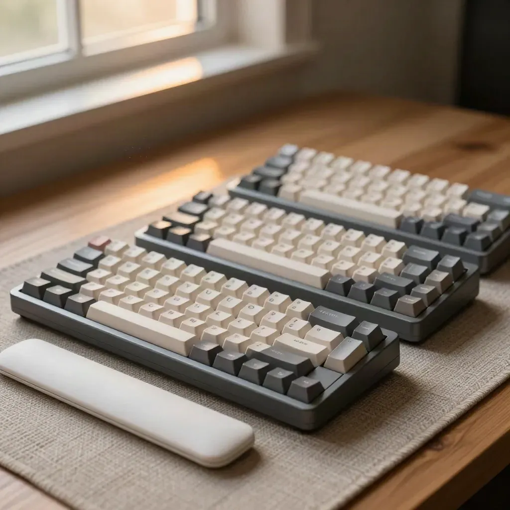 Three compact keyboards on a desk mat with a wrist rest in warm window light.