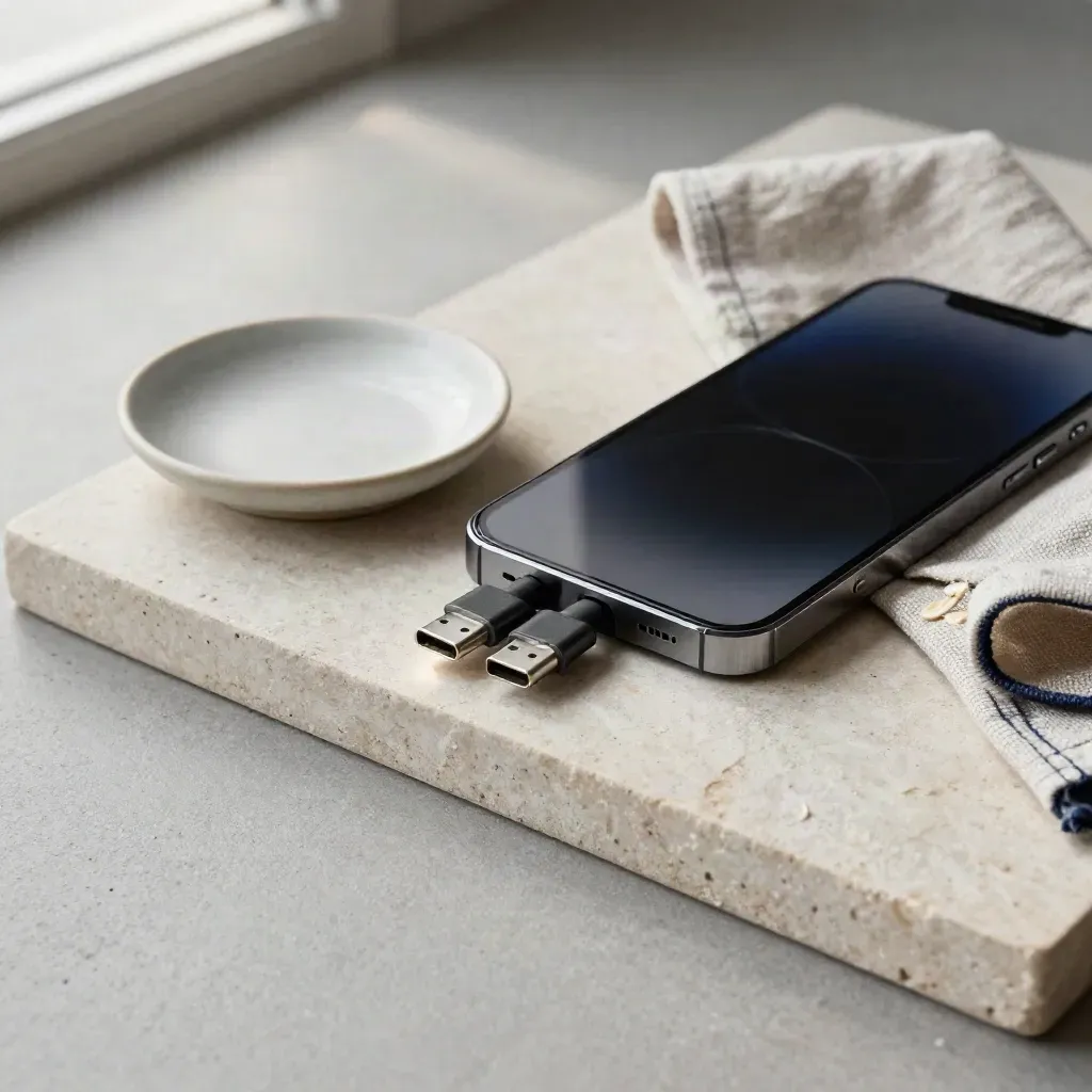 Phone charging port still life with USB-C tips, ceramic dish, and folded linen on stone tray.