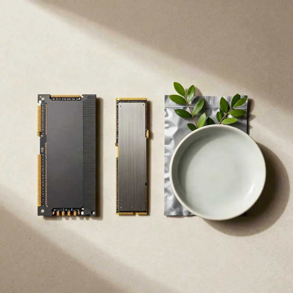 Overhead flatlay of a RAM module, NVMe SSD, anti-static pouch, dish, and greenery on pale concrete.
