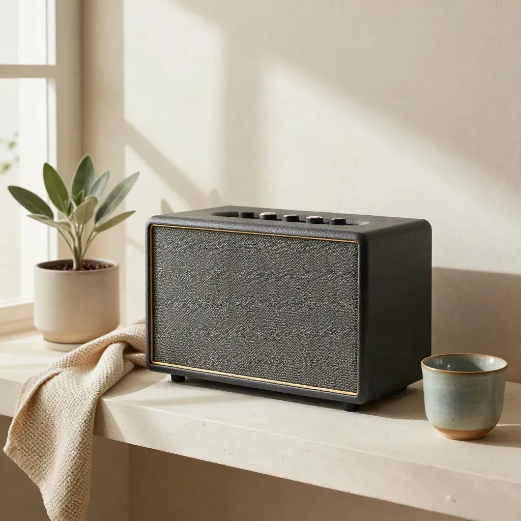 Compact speaker with cloth, plant, and ceramic cup on a pale plaster shelf.