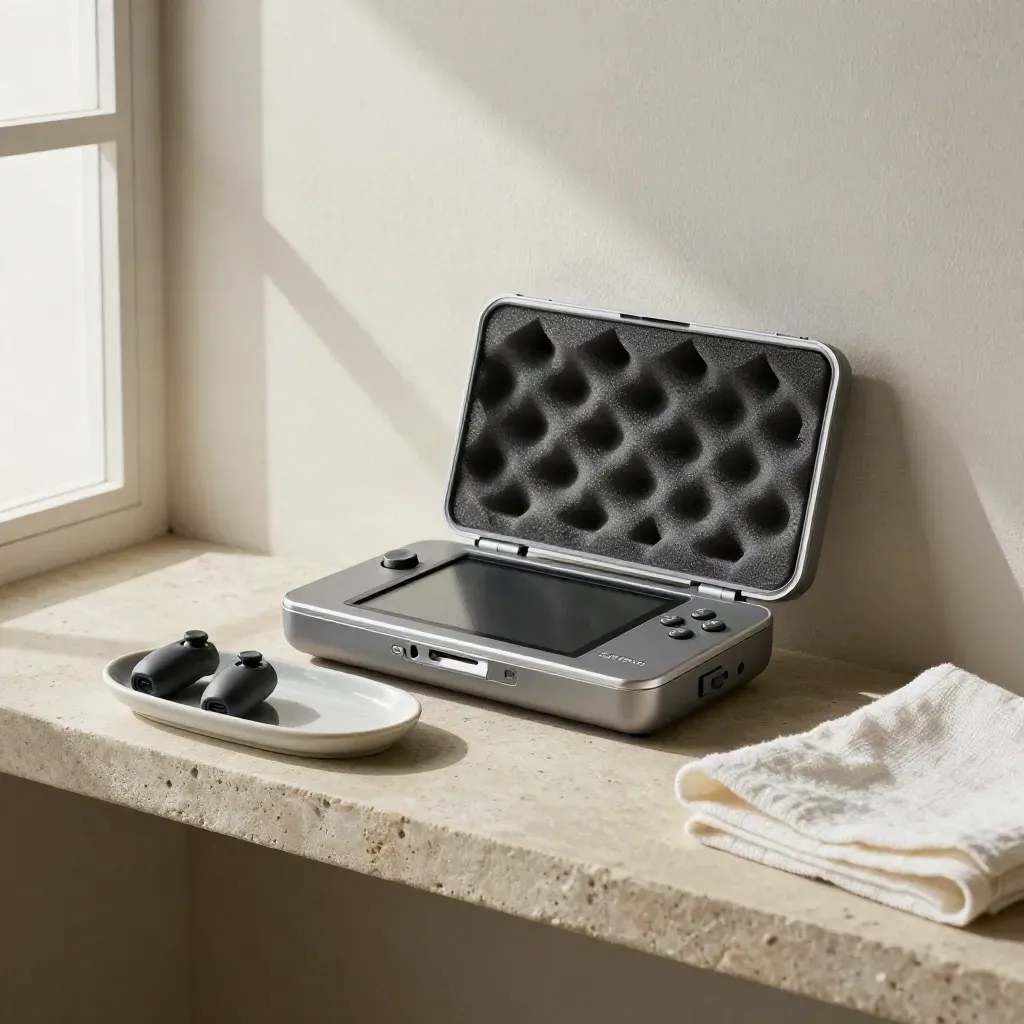 Game console dock with open carry case, controller grips, and ceramic tray on stone shelf
