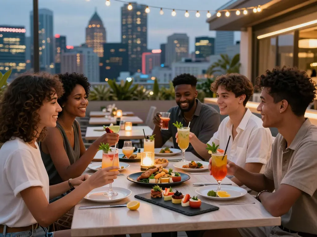 Social dining at NoHu rooftop restaurant with city skyline backdrop